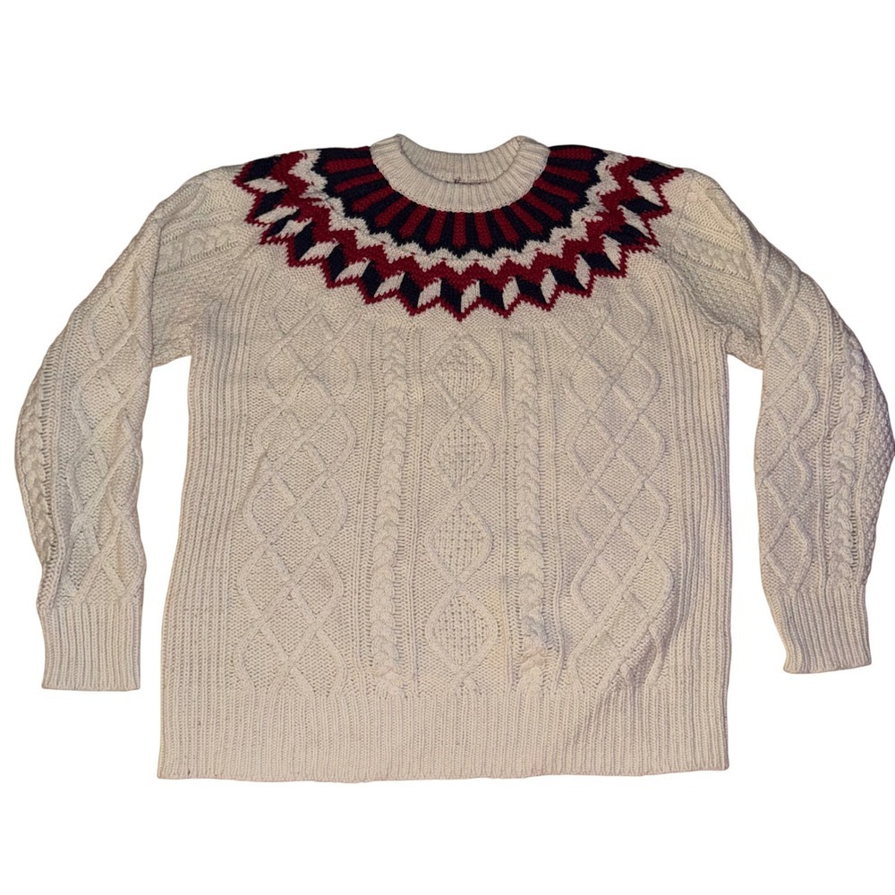 J Crew Fair Isle Knit Sweater Cream Red Navy Wool Blend Women's‎ Medium
